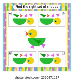 Logic puzzle for kids. Find the correct set of cartoon chick. Preschool worksheet activity. Vector illustration. Answer is B. 