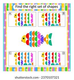 Logic puzzle for kids. Find the correct set of cartoon fish. Preschool worksheet activity. Answer is A.