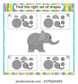 Logic puzzle for kids. Find the correct set of cartoon elephant. Preschool worksheet activity. Answer is D.