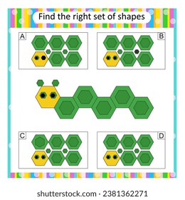 Logic puzzle for kids. Find the correct set of cartoon worm. Preschool worksheet activity. Answer is D.