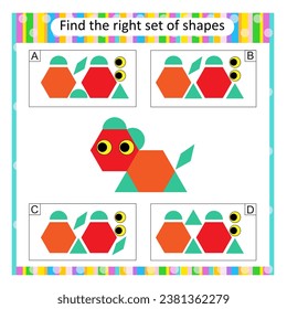 Logic puzzle for kids. Find the correct set of cartoon animal. Answer is B. 