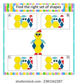 Logic puzzle for kids. Find the correct set of cartoon penguin. Preschool worksheet activity.  Answer is C.