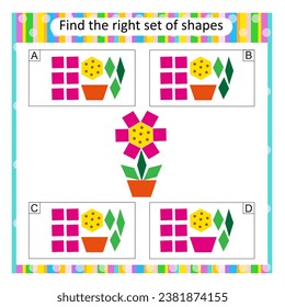 Logic puzzle for kids. Find the correct set of cartoon flower pot.  Answer is A. 