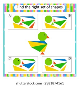 Logic puzzle for kids. Find the correct set of cartoon bird. Preschool worksheet activity. Vector illustration. Answer is D. 
