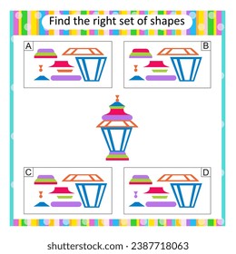 Logikpuzzle für Kinder. Finden Sie den richtigen Satz einer Lampe. Aktivität des vorschulischen Arbeitsblattes. Vektorgrafik. Antwort ist C.