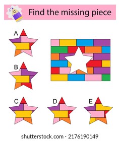 Logic puzzle for kids. Find the missing piece. Children activity page. Vector illustration. Answer is D.