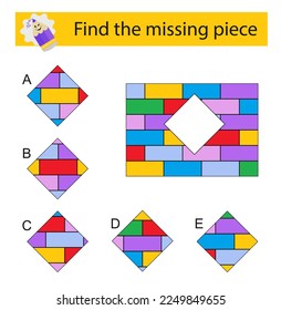 Logic puzzle for kids. Find the missing piece. Children activity page. Vector illustration. Answer is C.