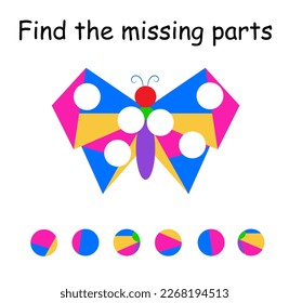 Logic puzzle for kids. Find the missing parts. Children activity page. Vector illustration. 