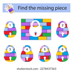 Logic puzzle for kids. Find the missing piece. Children activity page. Vector illustration. Answer is 4.