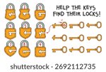 Logic puzzle for kids with locks and keys. Match each key to the correct lock. Educational activity for children to develop attention, thinking, and matching skills. Spot it. Isolated on white