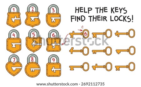 Logic puzzle for kids with locks and keys. Match each key to the correct lock. Educational activity for children to develop attention, thinking, and matching skills. Spot it. Isolated on white