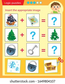 Logic puzzle for kids. Matching game, education game for children. Match the right object. Worksheet vector design for preschoolers.