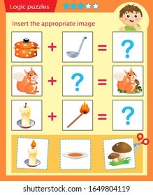 Logic puzzle for kids. Matching game, education game for children. Match the right object. Worksheet vector design for preschoolers.
