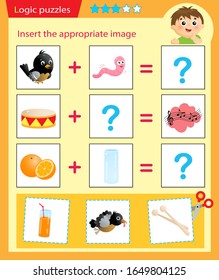 Logic puzzle for kids. Matching game, education game for children. Match the right object. Worksheet vector design for preschoolers.