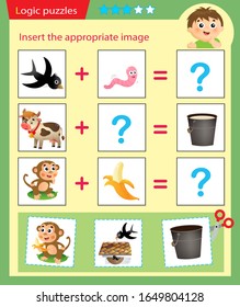 Logic puzzle for kids. Matching game, education game for children. Match the right object. Worksheet vector design for preschoolers.