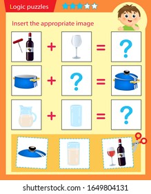 Logic puzzle for kids. Matching game, education game for children. Match the right object. Worksheet vector design for preschoolers.