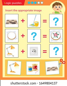 Logic puzzle for kids. Matching game, education game for children. Match the right object. Worksheet vector design for preschoolers.