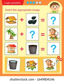 Logic puzzle for kids. Matching game, education game for children. Match the right object. Worksheet vector design for preschoolers.