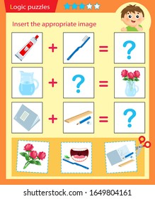Logic puzzle for kids. Matching game, education game for children. Match the right object. Worksheet vector design for preschoolers.