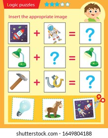 Logic puzzle for kids. Matching game, education game for children. Match the right object. Worksheet vector design for preschoolers.