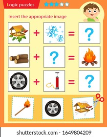 Logic puzzle for kids. Matching game, education game for children. Match the right object. Worksheet vector design for preschoolers.