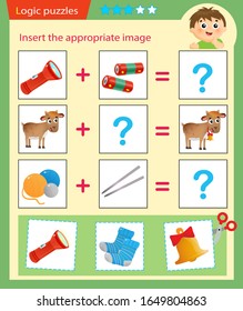 Logic puzzle for kids. Matching game, education game for children. Match the right object. Worksheet vector design for preschoolers.