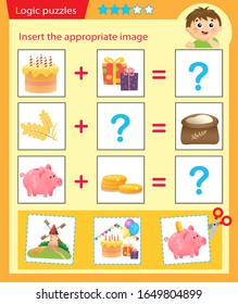 Logic puzzle for kids. Matching game, education game for children. Match the right object. Worksheet vector design for preschoolers.