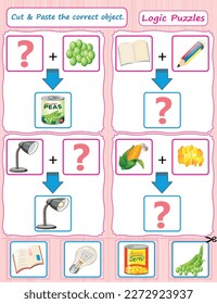 A logic puzzle for kids Matching games are educational games for children. Cut and paste the right object. Worksheets in vector design for kids

