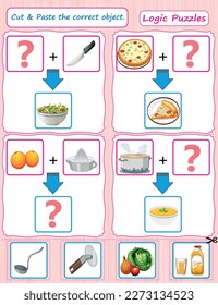 A logic puzzle for kids Matching games are educational games for children. Cut and paste the right object. Worksheets in vector design for kids