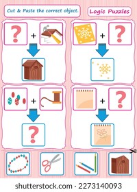 A logic puzzle for kids Matching games are educational games for children. Cut and paste the right object. Worksheets in vector design for kids