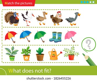 Logic puzzle for kids. What does not fit? Farm bird or poultry. Umbrellas. Indoor plants. Matching game, education game for children. Worksheet vector design for preschoolers.