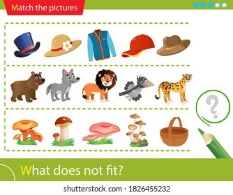 Logic puzzle for kids. What does not fit? Hats. Animals. Mushrooms. Matching game, education game for children. Worksheet vector design for preschoolers.