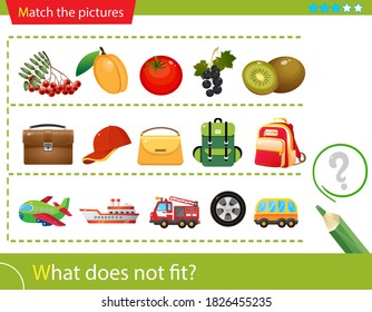 Logic puzzle for kids. What does not fit? Berries. Bags and backpacks. Transport or vehicle. Matching game, education game for children. Worksheet vector design for preschoolers.