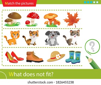 Logic Puzzle For Kids. What Does Not Fit? Mushrooms. Cats. Shoes. Matching Game, Education Game For Children. Worksheet Vector Design For Preschoolers.