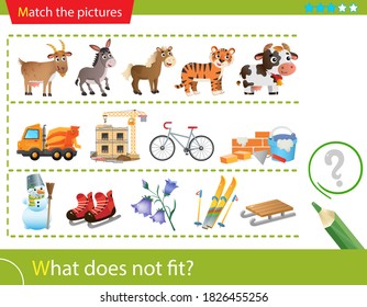 Logic puzzle for kids. What does not fit? Farm animals, Construction or building. Winter active recreation. Matching game, education game for children. Worksheet vector design for preschoolers.