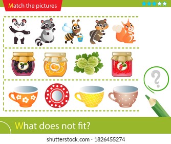 Logic Puzzle For Kids. What Does Not Fit? Animals. Jam. Cups. Matching Game, Education Game For Children. Worksheet Vector Design For Preschoolers.