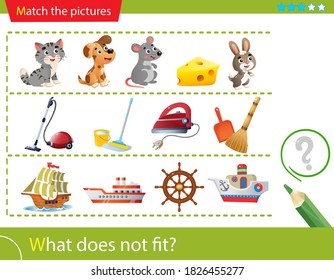 Logic puzzle for kids. What does not fit? Animals. Tools for cleaning and housework. Water transport. Matching game, education game for children. Worksheet vector design for preschoolers.