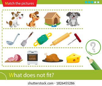 Logic puzzle for kids. What does not fit? Dogs. Kitchen utensils. Food. Matching game, education game for children. Worksheet vector design for preschoolers.