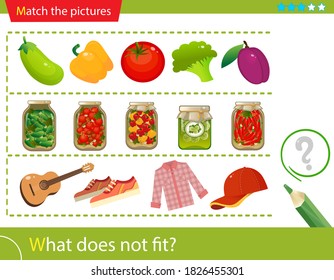 Logic puzzle for kids. What does not fit? Clothing. Vegetables. Pickles. Matching game, education game for children. Worksheet vector design for preschoolers.