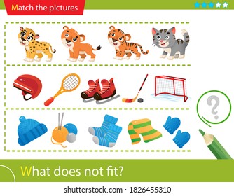 Logic Puzzle For Kids. What Does Not Fit? Wild Animals. Hockey Sports Equipment. Knitted Clothing. Matching Game, Education Game For Children. Worksheet Vector Design For Preschoolers.