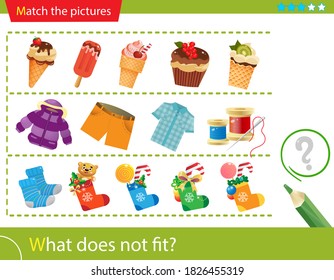 Rompecabezas lógico para los niños. ¿Qué no cabe? Helado. Ropa. botas de Navidad con regalos. Juego de correspondencia, juego de educación para niños. Diseño vectorial de hoja de cálculo para preescolares.