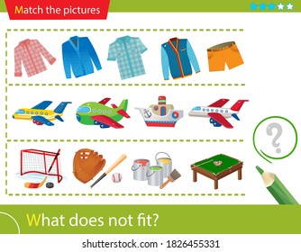 Logic puzzle for kids. What does not fit? Sweatshirts and shirts. Air transport: planes. Sports equipment. Matching game, education game for children. Worksheet vector design for preschoolers.