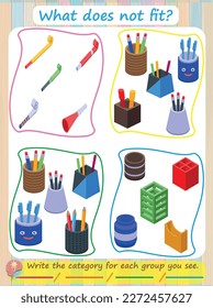 A logic puzzle for kids. What does not fit? Pencils, pens, and pencil holders are educational games for children. Worksheets in vector design for kids.