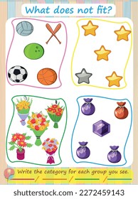A logic puzzle for kids. What does not fit? 
Balls, stars, and flowers are educational games for children. Worksheets in vector design for kids
