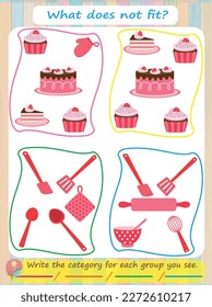 A logic puzzle for kids. What does not fit? Sweets, cake, cupcakes, and kitchen tools are educational games for children. Worksheets in vector design for kids
