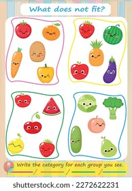 A logic puzzle for kids. What does not fit? Fruits and vegetables are educational games for children. Worksheets in vector design for kids.
