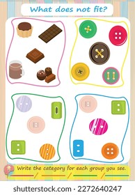 Un rompecabezas lógico para los niños. ¿Qué no cabe? Los botones de chocolate y color son juegos educativos para niños. Hojas de cálculo en diseño vectorial para niños.
