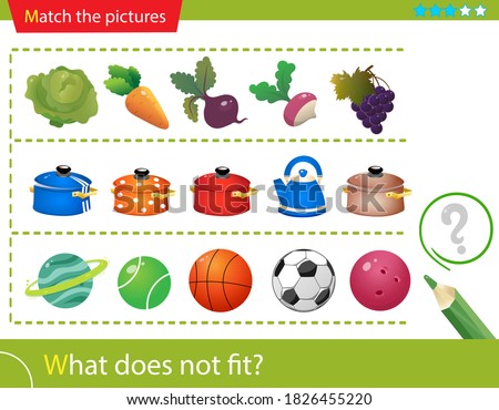 Logic puzzle for kids. What does not fit? Vegetables. Pots. Sports balls. Matching game, education game for children. Worksheet vector design for preschoolers.