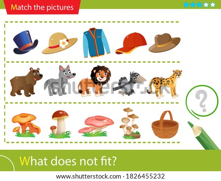 Logic puzzle for kids. What does not fit? Hats. Animals. Mushrooms. Matching game, education game for children. Worksheet vector design for preschoolers.