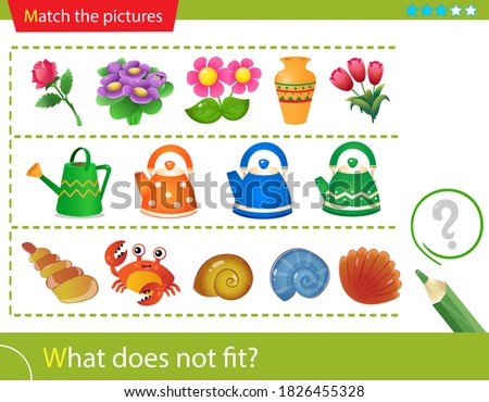 Logic puzzle for kids. What does not fit? Flowers. Teapots. Seashells. Matching game, education game for children. Worksheet vector design for preschoolers.
